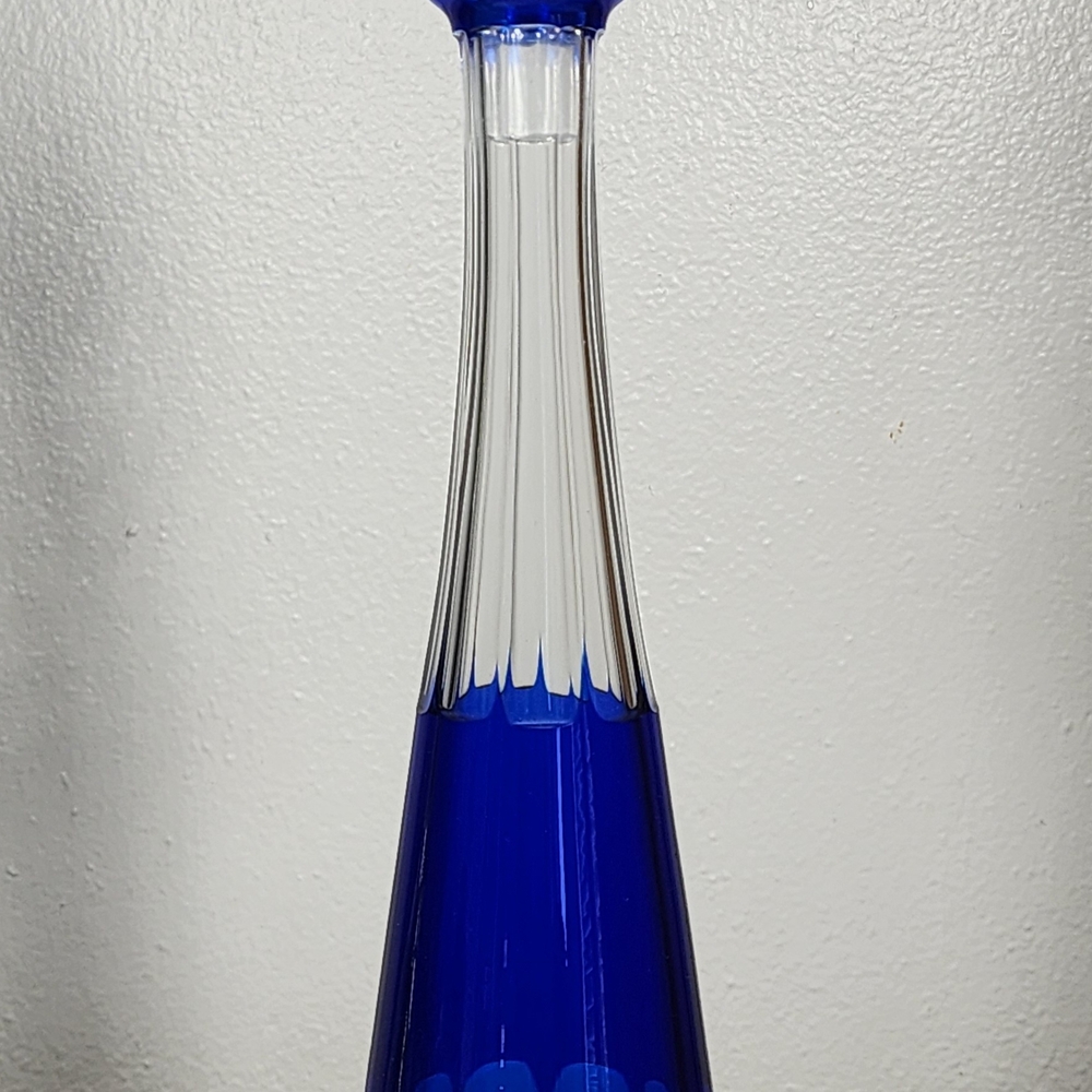 VINTAGE Cobalt Blue Cut to Clear Crystal Thumb Liquor bottle Decanter w Stopper